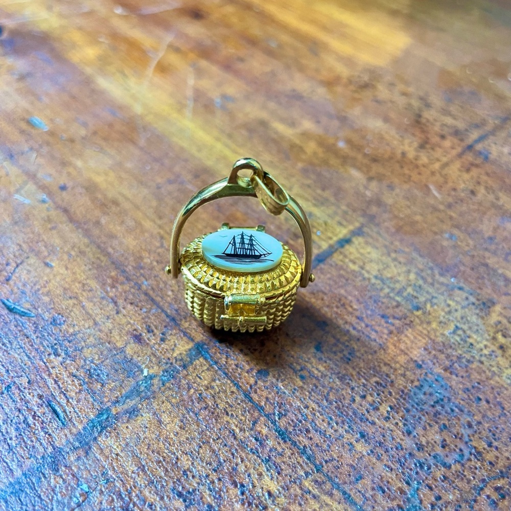 Gold Nantucket Basket Necklace Charm with Scrimshaw Ship Design